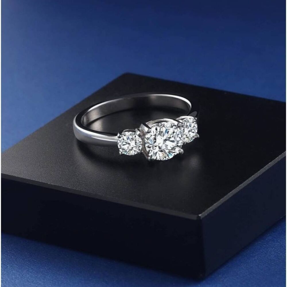 CERTIFIED~.925 SS Genuine Moissanite Three Stone Bridal/Engagement Ring Sz 8.5